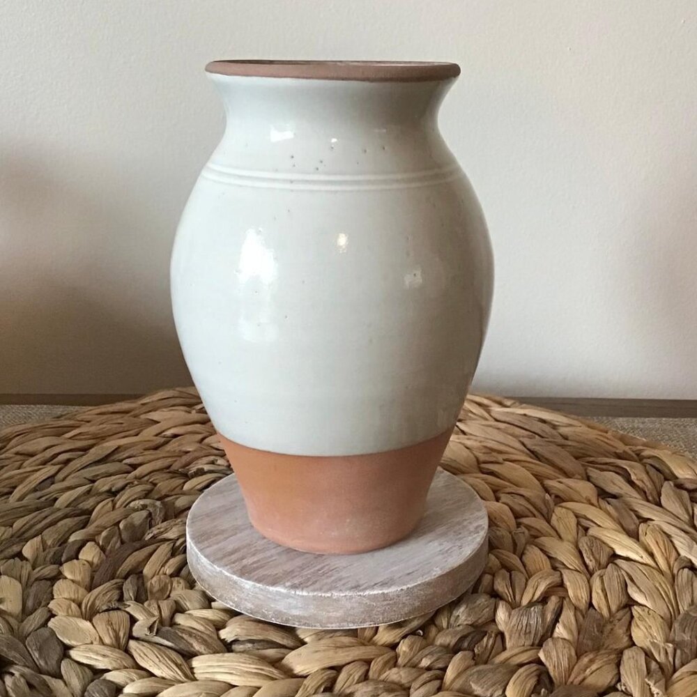 Rowe Pottery Works Hand Thrown Stoneware Vase 6” Two Tone Cream & Terra Cotta